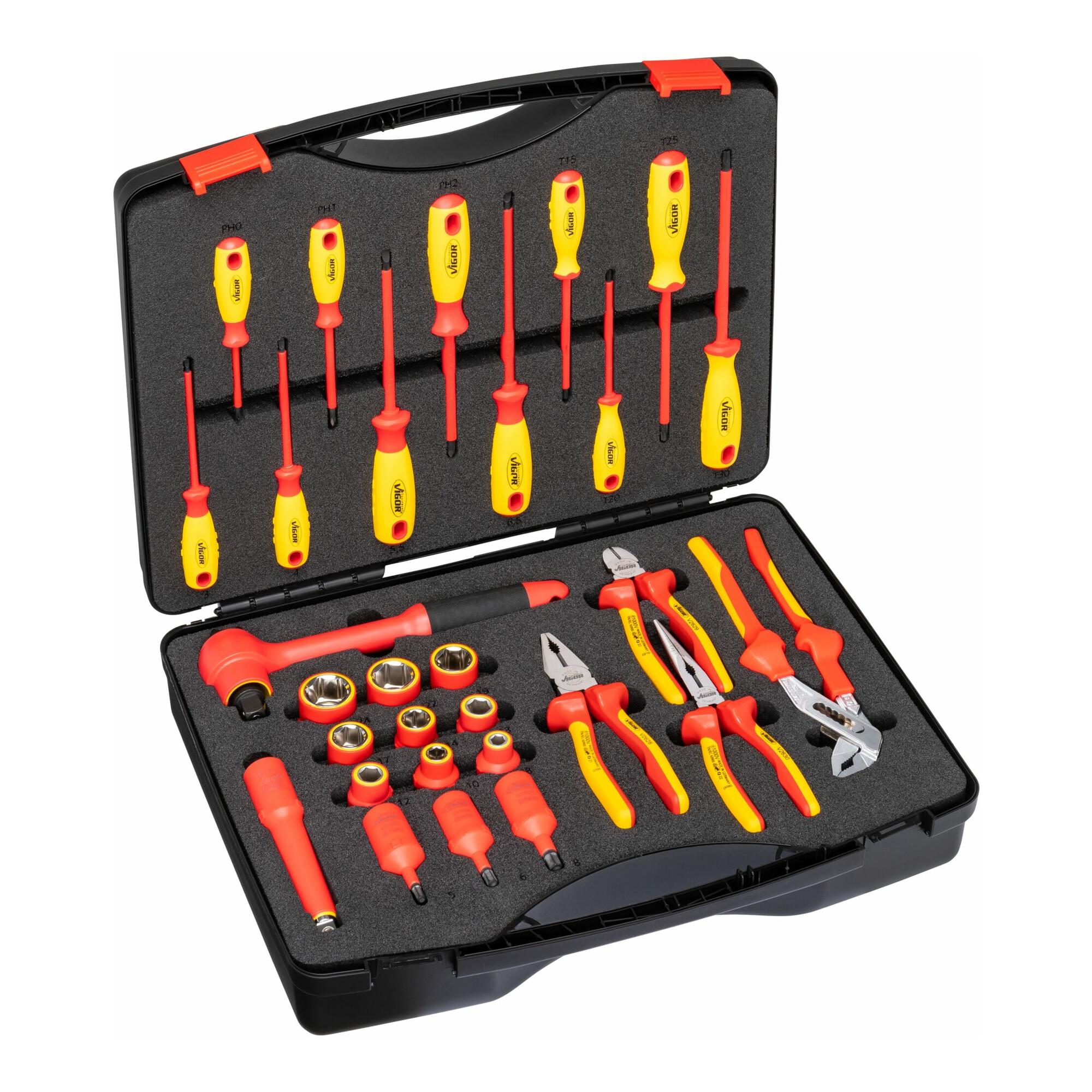 VIGOR VDE Werkzeug Satz, V5632, 1/2 Zoll (12,5 mm) Vierkant, Außen Sechskant Profil, Innen Sechskant Profil, Kreuzschlitz Profil PH, Pozidriv Profil P)