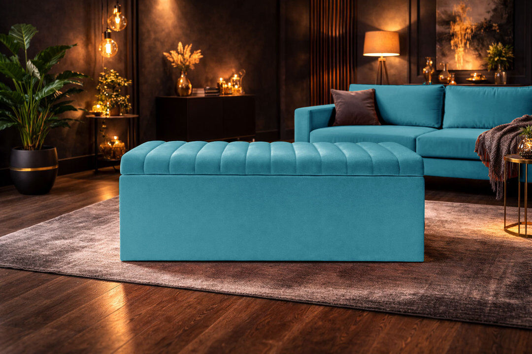 AZ Interiors Royal Furniture Royal Velvet Storage Ottoman Box with Hinged Lid   Lined Upholstered End of Bed Storage Bench   Soft Close Storage Seat   Made in UK Teal 180W x 40D x 40H CM