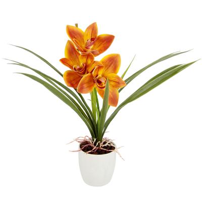 Kunstblume OTTO HOME "Orchidee", orange, B:26cm H:32cm L:16cm, Polyester, Kunstpflanzen, Mit Blätter im Topf aus Keramik Künstliche Blume Cymbidium-Orchidee
