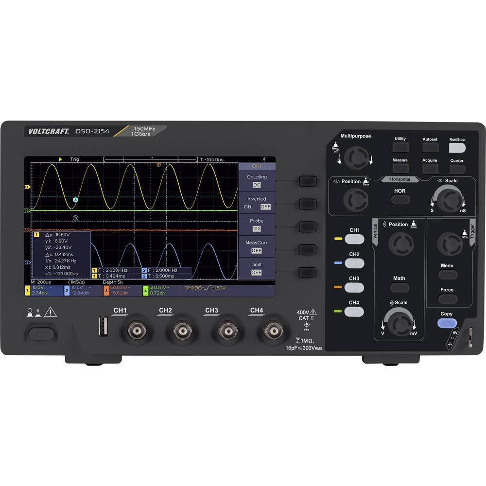 Voltcraft DSO-2154 Digitaal Oscilloscoop, 150 MHz, 4-kanaals, 1 GSa/s, 80 kpts, 8-bits digitale opslag