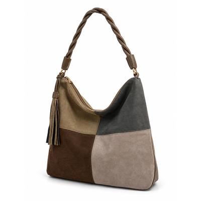 Schultertasche "Patchwork", Damen, Gr. B/H/T: 33cm x 33cm x 11cm onesize, braun (grau), Polyurethan (PU), COLLEZIONE ALESSANDRO, Taschen Schultertasche, Patchwork-Optik aus softem Velourimitat