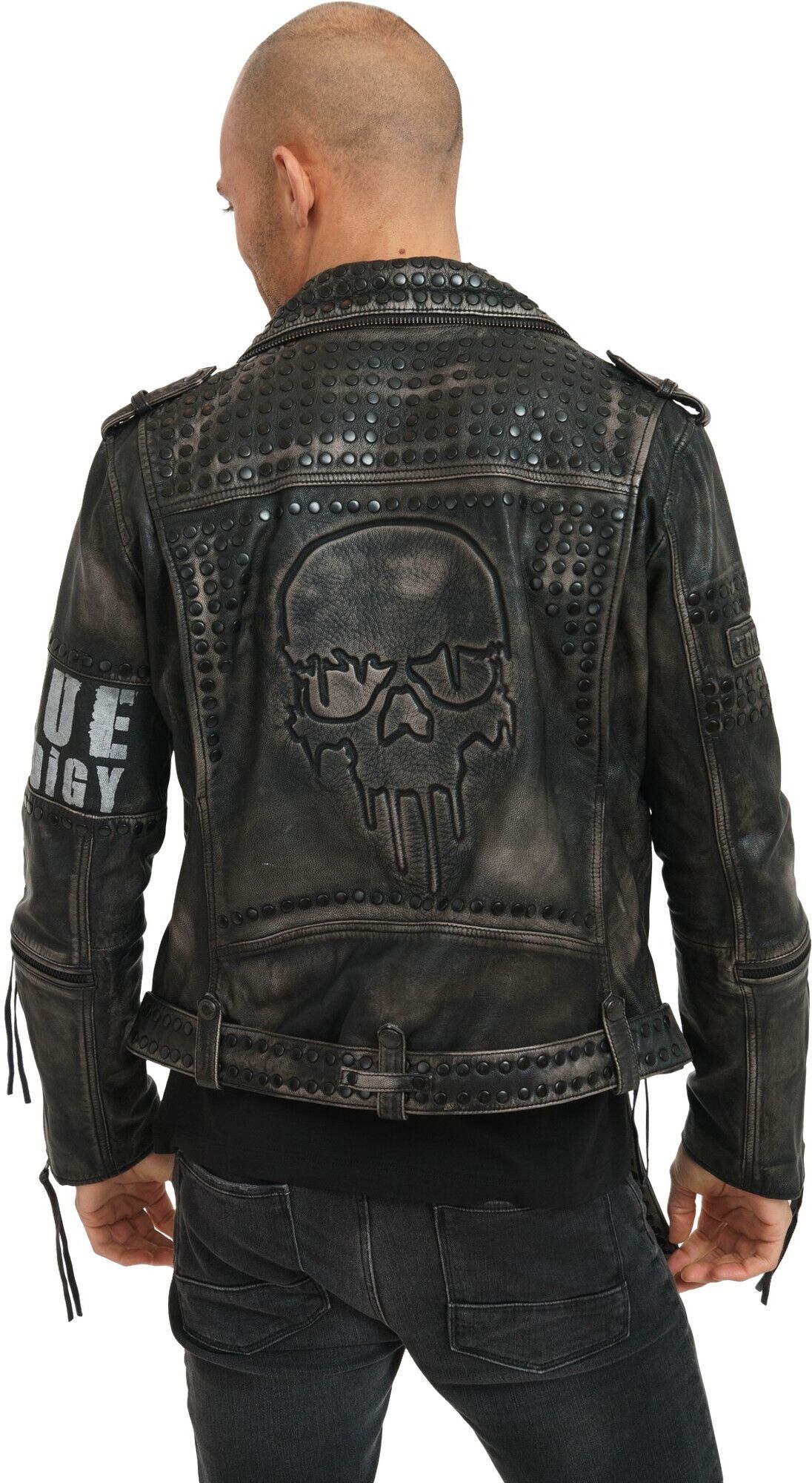 Lederjacke TRUEPRODIGY "Dwayne mit Nieten, Print und Waschung", Herren, Gr. S, schwarz, Obermaterial: 100% Ziegenleder goatskin., slim fit, Jacken Lederjacke