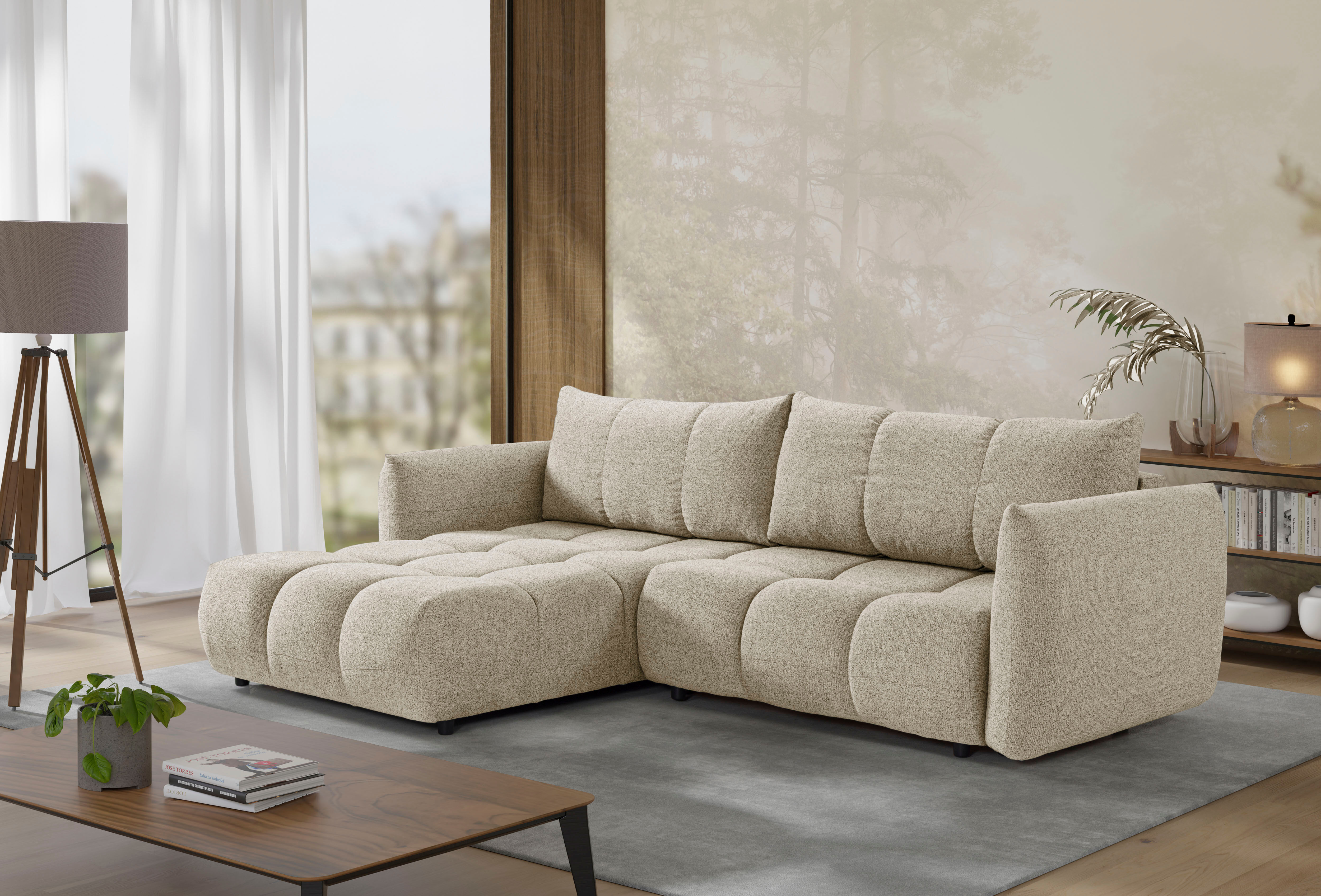 Ecksofa EXXPO - SOFA FASHION "Livonia, B/T: 260/187, modern & praktisch für kleine Räume", beige (cappuccino), B:260cm H:87cm T:187cm, Sofas, Ecksofa, Mit Bettfunktion & Bettkasten,hoher Sitzkomfort,inkl. Steppung, L-Form cappuccino B/H/T: 260cm x 87cm x 