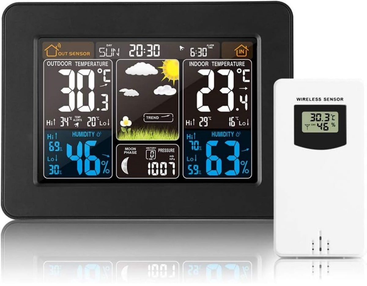 Draadloos digitaal weerstation met buitensensor voor temperatuur en luchtvochtigheid - Zwart