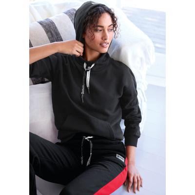 Kapuzensweatshirt BENCH. LOUNGEWEAR, Damen, Gr. 40/42, schwarz, Sweatware, Obermaterial: 60% Baumwolle, 40% Polyester, unifarben, bequem hüftlang, ohne Ausschnitt, Rippbündchen, Sweatshirts, mit Kängurutasche, Loungewear
