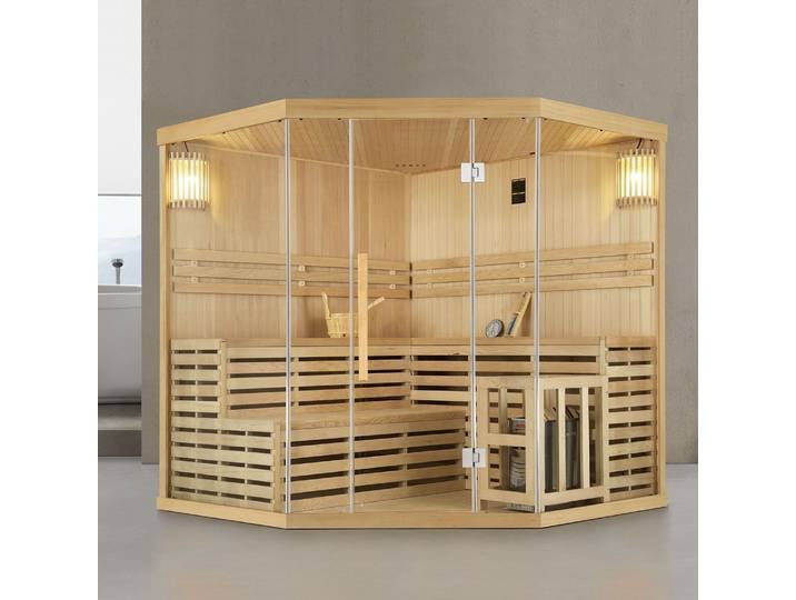 Artsauna Saunakabine Espoo200 Premium mit Saunaofen – 5 Personen – Hemlock Holz, Glasfront und LED Licht – Inkl. Thermometer & Sanduhr – Komplett Set