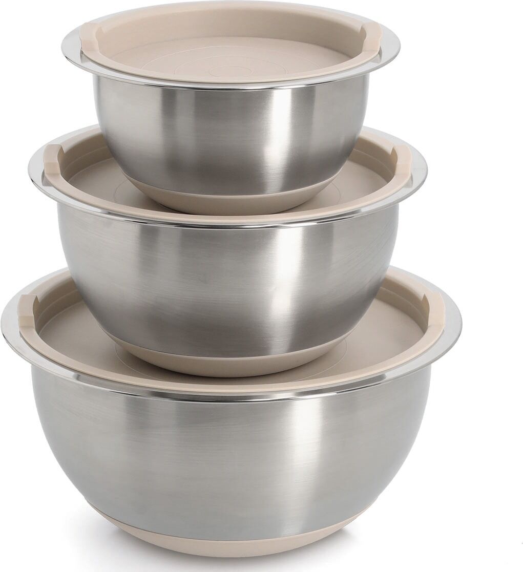 Schüssel ZELLER PRESENT "Schüssel-Set mit Deckeln, 3-tlg., Edelstahl/Kunststoff, beige", silber (silberfarben), H:14,5cm Ø:27,5cm, Schüsseln, Schüssel, ca. Ø19,5x10,Ø23,5x12,5,Ø27,5x14 cm