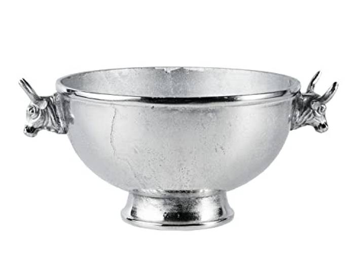 MichaelNoll Schale Stierkopf Dekoteller Servierplatte Aluminium Silber Deko Rund - Dekoschale modern aus Metall für Wohnzimmer oder Badezimmer - Tischdeko Hochzeit 31 oder 40 cm (40x31x19 cm)
