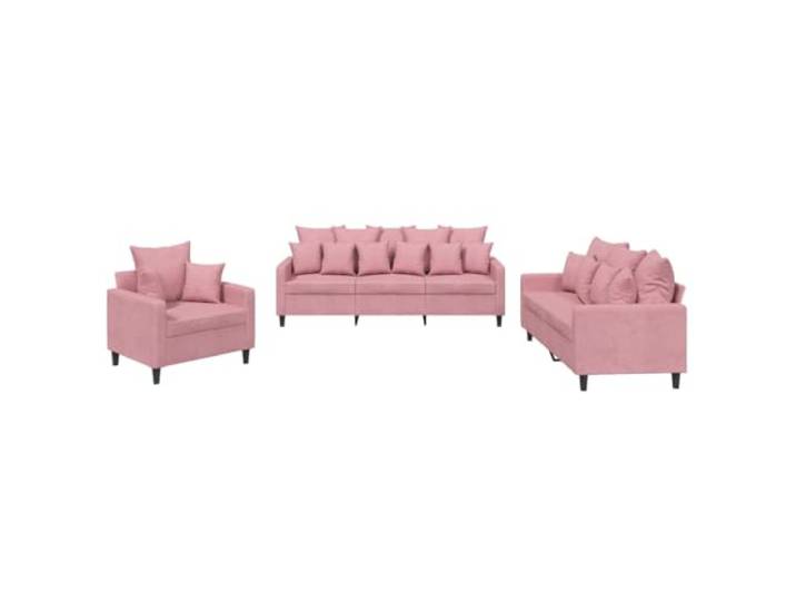 KUTYWEXFM 3-tlg. Sofagarnitur mit Kissen Samt Couch Set Rosa Elegantes Polstermöbel Set aus Rosa Samtstoff mit dicker Schaumstoff Polsterung und Kissen für das Wohnzimmer.