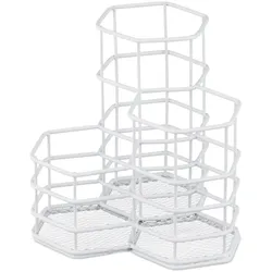 Relaxdays Pinselhalter, 3 Fächer, sechseckig, H x B x T: 12,5 x 12 x 12,5 cm, Draht, Stiftebecher Schreibtisch, weiß