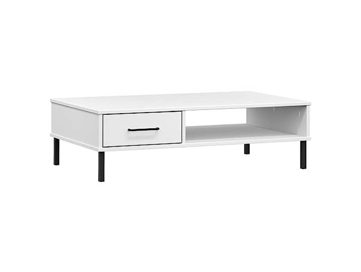 Couchtisch aus massivem Kiefernholz, mit Metallbeinen und Schublade, Weiß