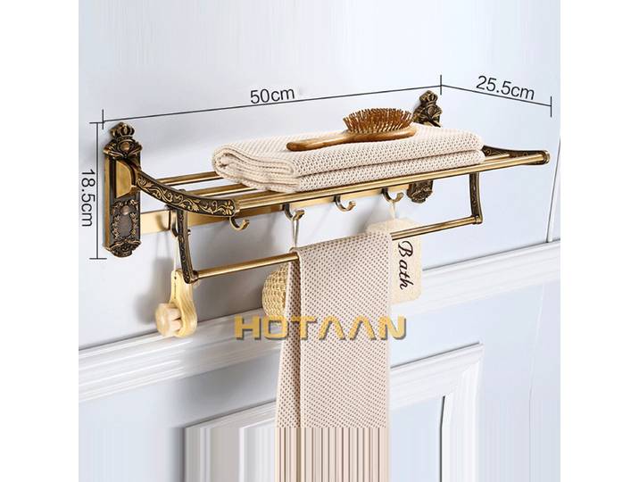 Porte-serviettes de bain pliable en aluminium antique et laiton, porte-serviettes actif T1, double étagère avec crochets, accessoires de bain