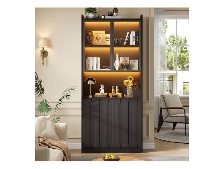 Fine Life Pro Standvitrine Schwarze LED-Vitrine, Glastüren, offene Partition, 80x35x200 cm Für Wohnzimmer, Küche, Büro & Flur – elegante Glasvitrine.