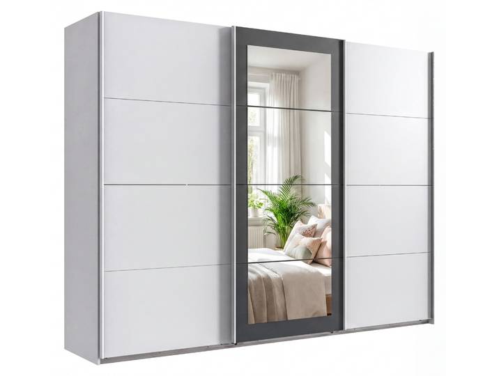Schwebetürenschrank 3-trg Kleiderschrank 270 cm in Weiß m. Spiegel umrahmt in Grafit / 22629