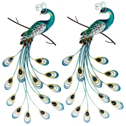 2x Wandrelief Wanddekor Außen Wandbild Garten Pfau Metallfedern bunt H 73 cm