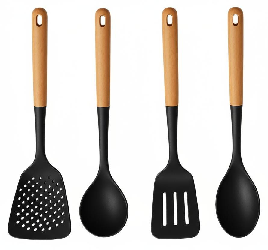 Cookinglife Keukengerei set - 4-delig - Hout zwart - Schuimspaan, soeplepel, bakspaan en opscheplepel
