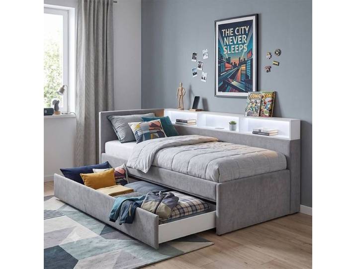 Polsterbett Nalea Komfort Velours mit Bettschublade und Beleuchtung 140x200cm Hellgrau modern, Mit