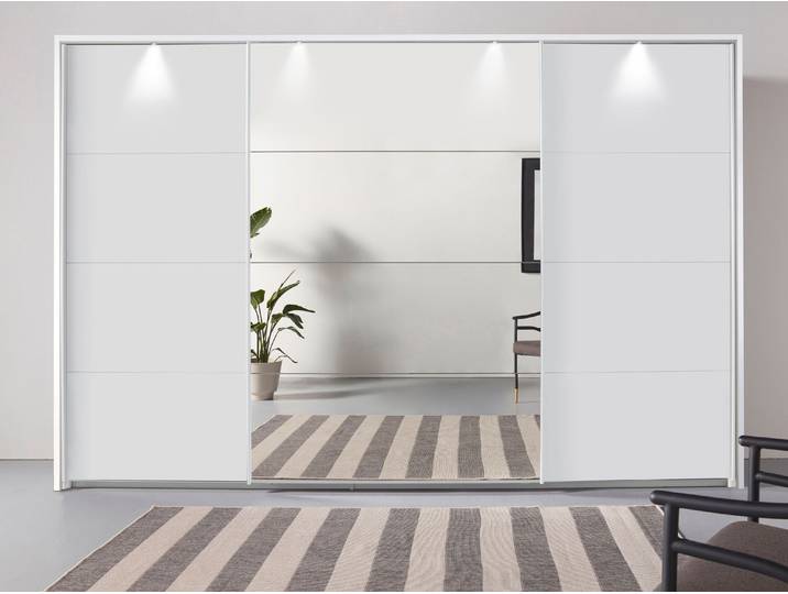 Schwebetürenschrank, Holzwerkstoff, Weiß, 323×233×68 cm, Mit Spiegel & Beleuchtung, Modern, Rauch