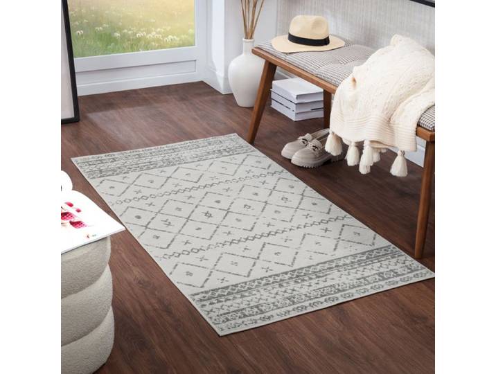LIVABLISS Tapis de Salon à Poils Courts Doux Berbère Ethnique MYA 80x150cm Blanc/Gris