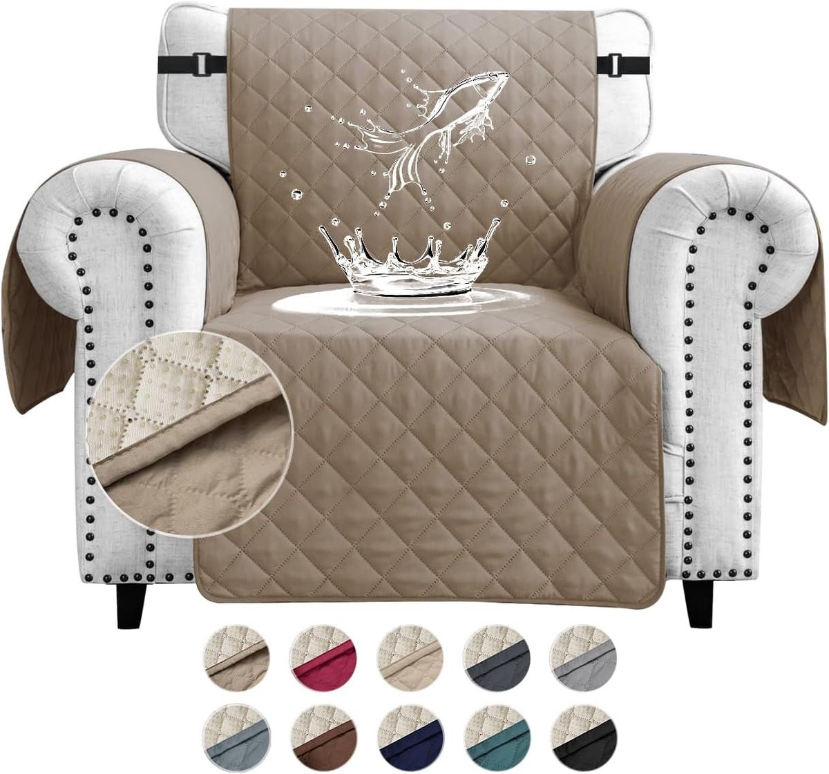 SnelShoppen Waterproof Sofa Cover 1 Zits, Dikke en Reversible Gequilt Armchair Protector met Zijvak, Anti-slip en Krabbestendig