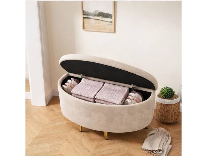 Repose-pieds banquette velours beige neutre 90 cm coffre de rangement pieds métal
