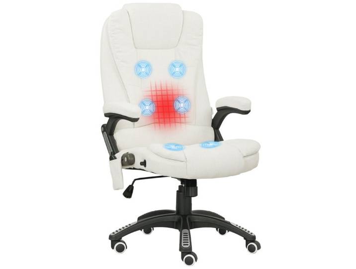 Chaise de Bureau Massante et Chauffante Ergonomique Inclinable Hauteur Réglable Tissu Effet Lin Crème