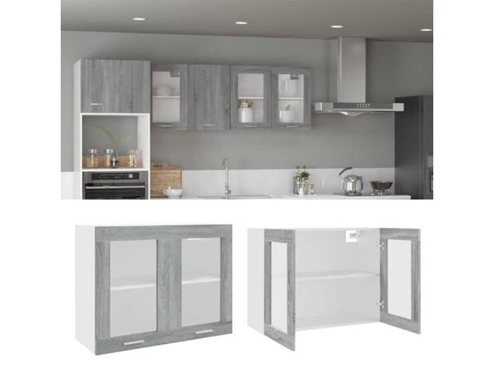 Armoire vitrée suspendue - GOTOTOP - Sonoma gris - 80x31x60cm - Bois d'ingénierie - Design contemporain