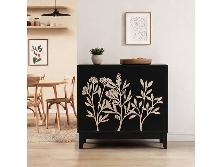 Buffet 80 cm en MDF noir style vintage sculpté 2 portes et étagères réglables