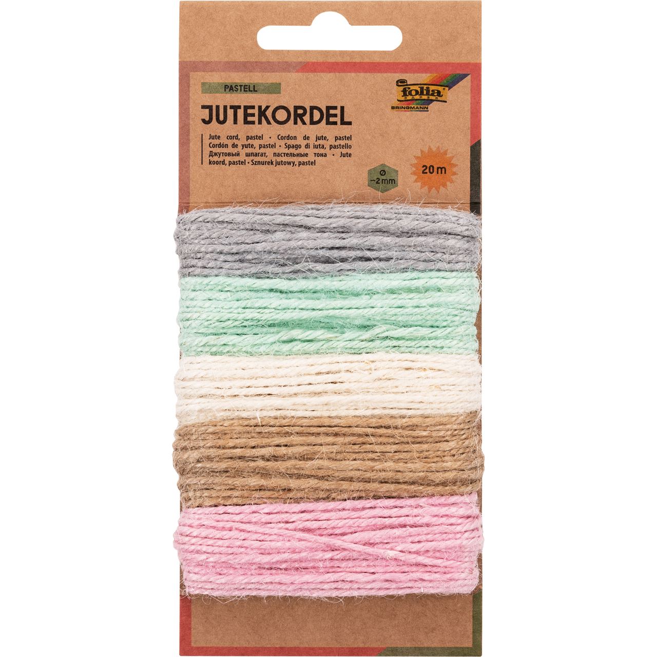folia Kordel Jute farbig rauh grau, hellgrün, creme, beige, rosa 3,0 mm x 5x 4,0 m