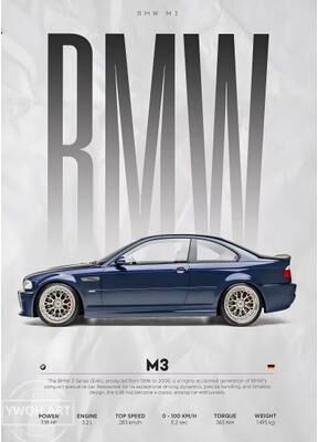 Inspired Finds Black Famous Cars Canvas Wall Art Print For Modern Home Decoration, Automotive Racing Poster m3 Blue Side Alt 7.87x11.81in Unframed