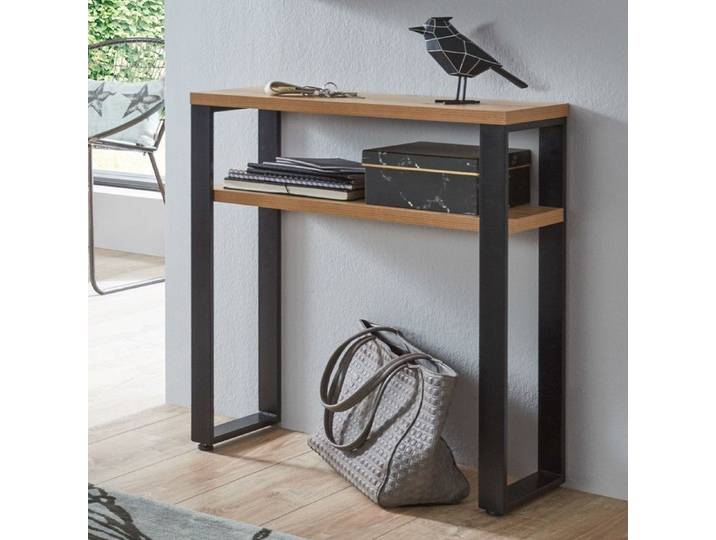 Console double plateau 70x28x75 cm décor chêne et métal noir