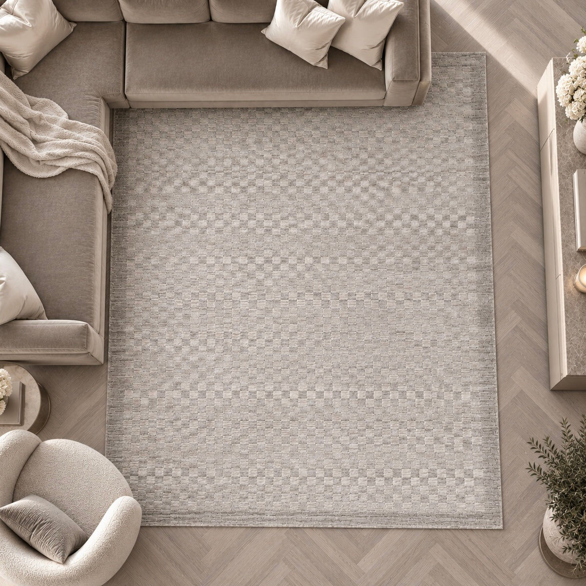 Pigalle Greige Checkerboard Rug, 160x240cm
