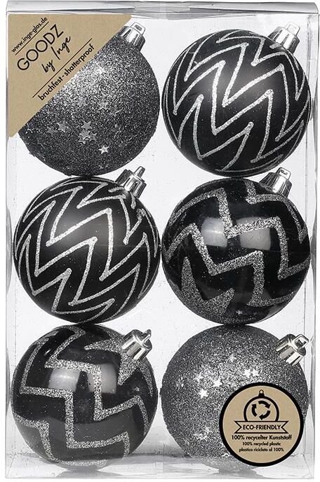 Weihnachtsbaumkugel "Inge Weihnachtskugel dekoriert, 6 Stk.", silber (schwarz, silberfarben), Ø:8cm, Kunststoff, Weihnachtsbaumkugeln, Weihnachtsbaumkugel schwarz, silberfarben 8cm