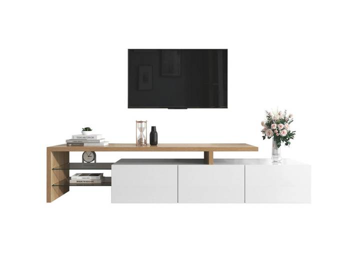 Flieks Tv-Schrank Modern Hochglanzweiß Holzoptik Glasböden LED-Beleuchtung, Weiß, 48x13x172 cm, Wohnzimmer, TV Möbel, Lowboards, Lowboards stehend