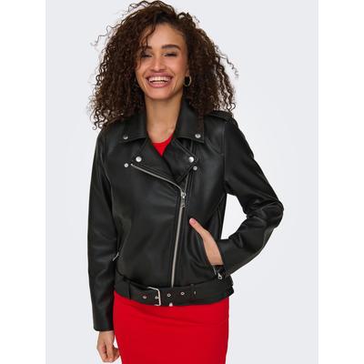 Lederimitatjacke ONLY "ONLMILLE FAUX LEATHER BIKER JACKET OTW", Damen, Gr. M, schwarz, Web, Obermaterial: 100% Polyester, unifarben, hüftlang, V-Ausschnitt, Jacken