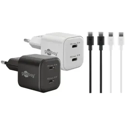 goobay Schnellladegeräte-Set mit Kabeln Twin Power 2x USB-C (PD) 35 W schwarz, 3.6x3.6x7.4 cm