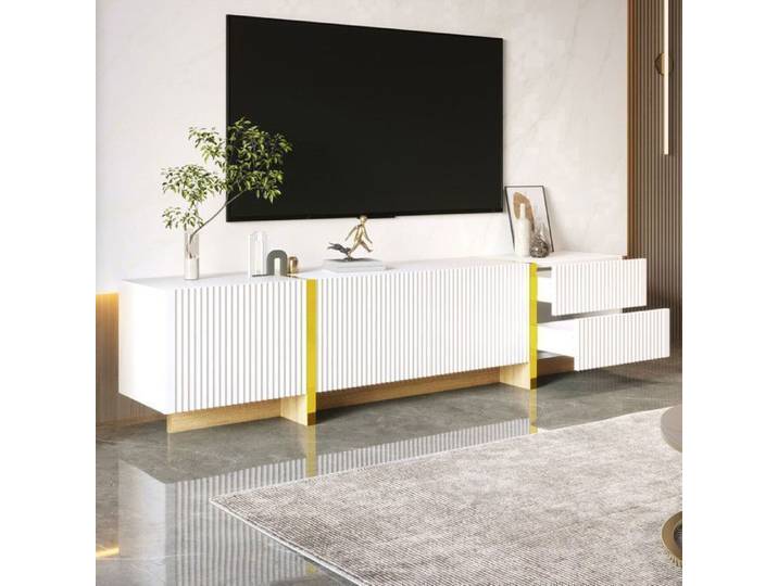Meuble TV Blanc 190cm avec 3 Portes 2 Tiroirs Effet Bois Charnières Amorties Grand Rangement pour TV jusqu'à 59 Pouces