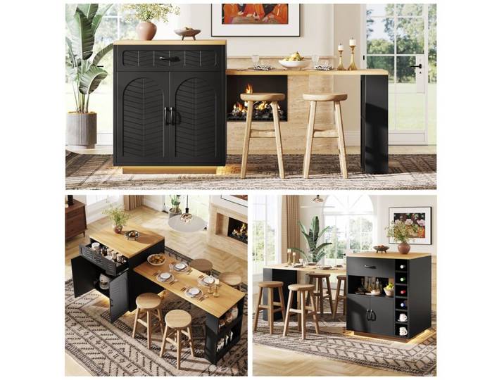 Table de bar - Table haute - table extensible 60-113cm - éclairage LED - 2 tiroirs 4 portes - 80x70x95.5cm - noir blanc