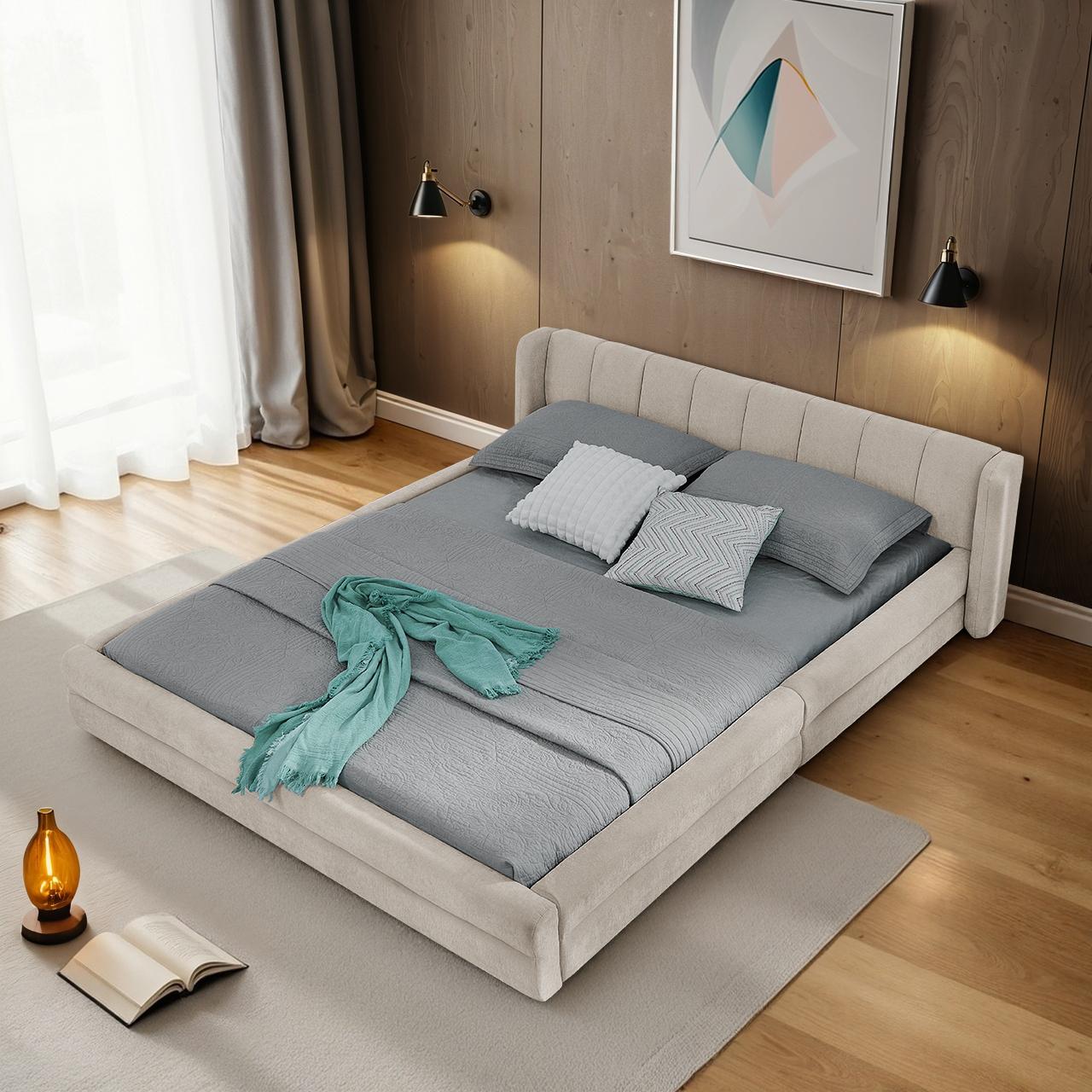 okwish Kinderbett 140x200 Jugendbett Doppelbett fließenden Linien und exzellenter Quilztechnik,Bettgestell mit Rückenlehne,Beige(mit Matratze)
