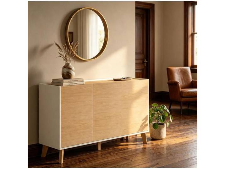 Buffet bas scandinave AESVAR 3 portes 6 compartiments 120 cm aspect bois et blanc