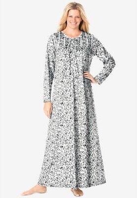 Plus Size Women's Floral Knit Gown by Dreams & Co. in Ivory Black (Size 3X) Nightgown