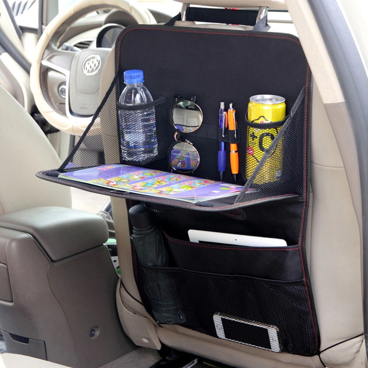 INF Rücksitztasche mit klappbarem Tablett und Mehrfachfächern, 600D Oxford, Schwarz