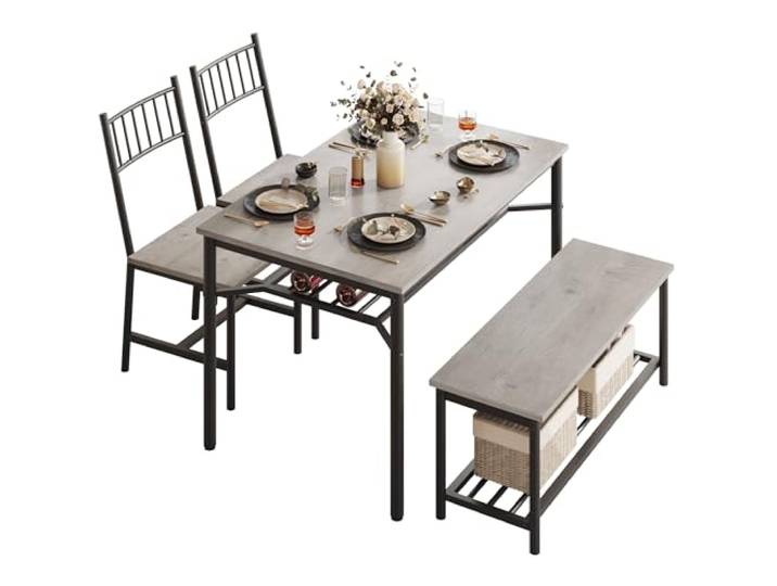 Garvee 4-Personen Essgruppe Premium Set Moderner Esstisch mit 2 Stühlen Bank & Ablagefächern Stabiles Metallgestell Platzsparendes Wohnzimmer-Set für kleine Wohnungen Klassisch Grau