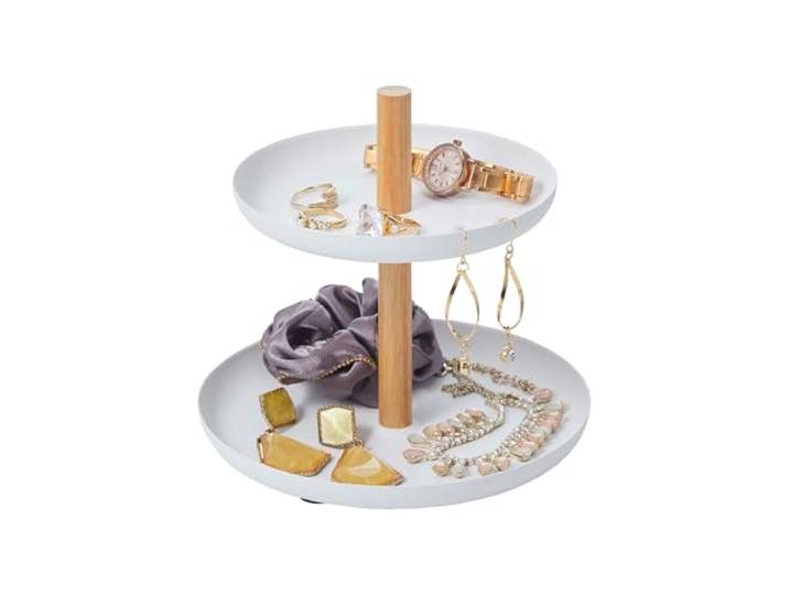 Yamazaki 2315 Tosca 2Tiered Accessory Stand, White, Steel/Wood, 16 x 16 x 15 cm