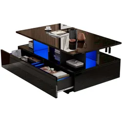 OKWISH Couchtisch Hochglanz mit LED-Beleuchtung und 2 Schubladen, moderner Wohnzimmertisch für Bücher, Zeitschriften, Dekoration, Schwarz 90x55x41 cm