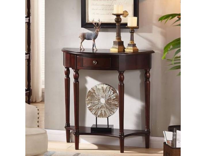 Halb mondförmiger Konsolentisch 80cm breit,schmaler Eingangstisch Schublade Beistelltisch im Landhausstil,Beine aus Massivholz,für die Dekoration von Fluren,Eingangsbereichen(Walnut,80*35*88cm)