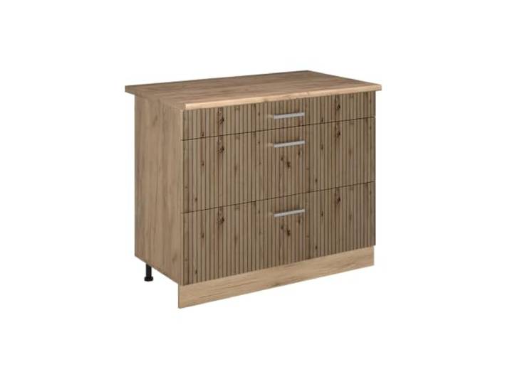 Vicco Küchenunterschrank R-Line, Artisan-Eiche/Goldkraft Eiche 100 cm 3 Schubladen · Arbeitsplatte Eiche · Höhenverst. Füße · Leichter Zugriff · Frei kombinierbar