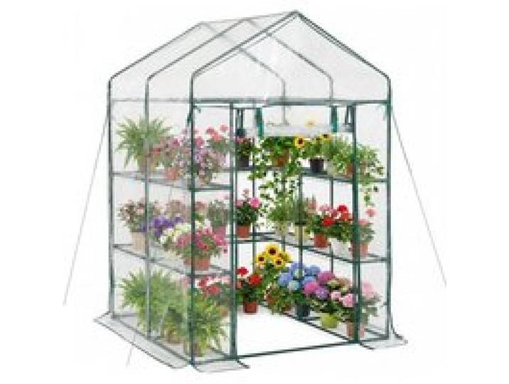 VEVOR Gewächshaus 137x137x196 cm, Foliengewächshaus, Tomatenhaus, Tomatengewächshaus mit PVC-Abdeckung, 2 Ebenen, 10 Regalböden, Aufrollbarer Reißverschlusstür, Treibhaus für Außenbereich