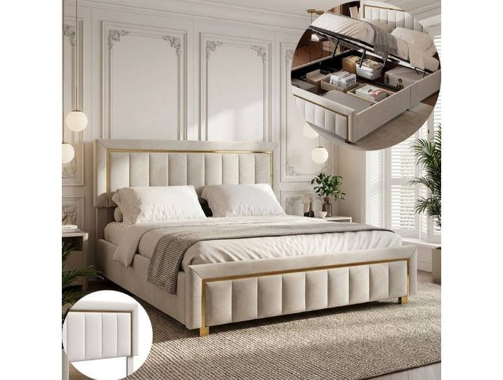 Lit 180x200 avec sommier et tete de lit rembourrée lit coffre 180x200 avec coffre de lit lit king size tissu en velours beige