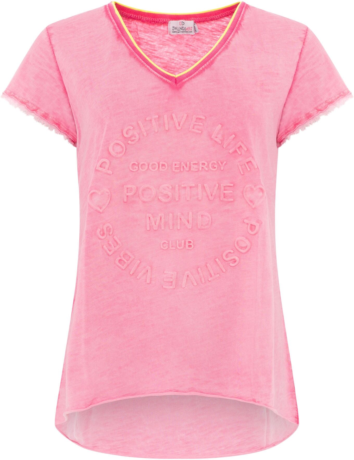 Kurzarmshirt ZWILLINGSHERZ "Positive Mind Neonkante", Damen, Gr. S/M, pink, Jersey, Obermaterial: 100% Baumwolle, unifarben, bequem hüftbedeckend, V-Ausschnitt, leicht ausgefranste Kante, Shirts Kurzarmshirt, ausgefranste Kanten, V-Ausschnitt mit Neonkant